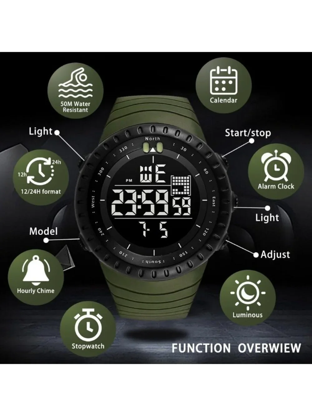Men's Green Analog Quartz Sports Outdoor Waterproof Military LED Digital Watch